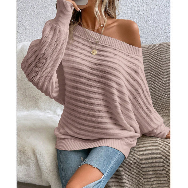 Women's Off Shoulder Sweater Batwing Sleeve Pullover Top Fall Casual Loose Knit Long Sleeve