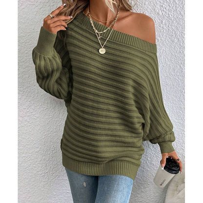 Women's Off Shoulder Sweater Batwing Sleeve Pullover Top Fall Casual Loose Knit Long Sleeve