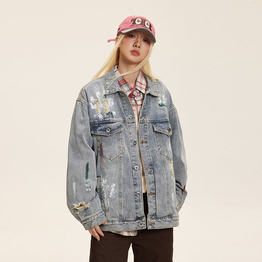 Washed Graffiti Ripped Denim Coat Design Jacket