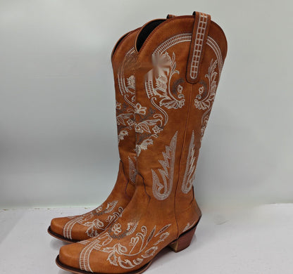 Embroidered Rhinestone Thick High Heel Side Zipper High-top Boots