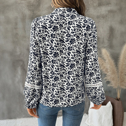Casual Elegant Retro V-neck Lace-up Floral French Shirt