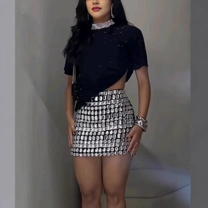 Fashion Casual Rhinestone Short Sleeve Coat Skirt Suit
