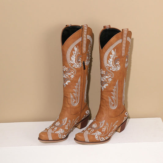 Embroidered Rhinestone Thick High Heel Side Zipper High-top Boots