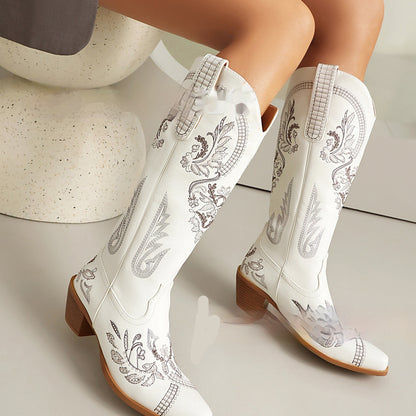 Embroidered Rhinestone Thick High Heel Side Zipper High-top Boots