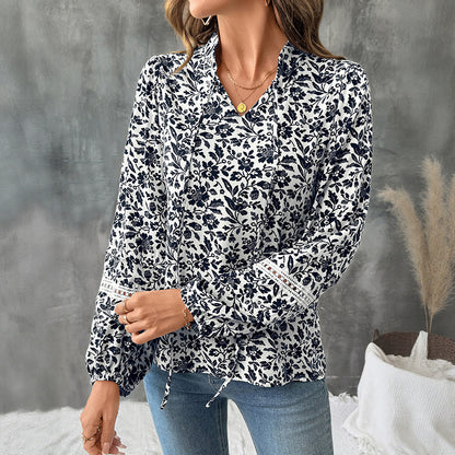 Casual Elegant Retro V-neck Lace-up Floral French Shirt