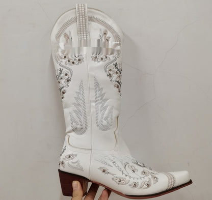 Embroidered Rhinestone Thick High Heel Side Zipper High-top Boots