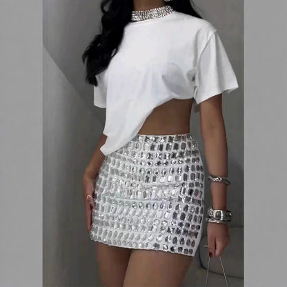 Fashion Casual Rhinestone Short Sleeve Coat Skirt Suit